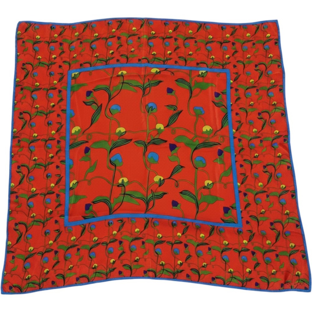 Marja Kurki Womens Silk Scarf 35x35 Orange Blue Floral Botanical Artsy Statement